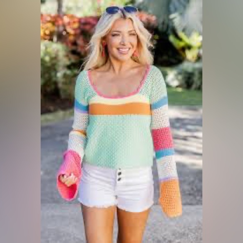 Pink lily FLYING COLORS SQUARE NECK CROCHET MULTI COLOR SWEATER